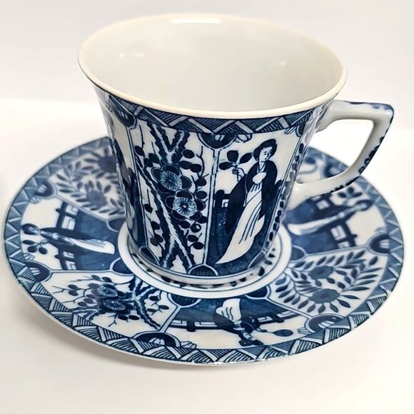 Vintage Blue and White Oriental Teacup and Saucer Set "Long Eliza" China (12 pc) - Picture 8 of 9